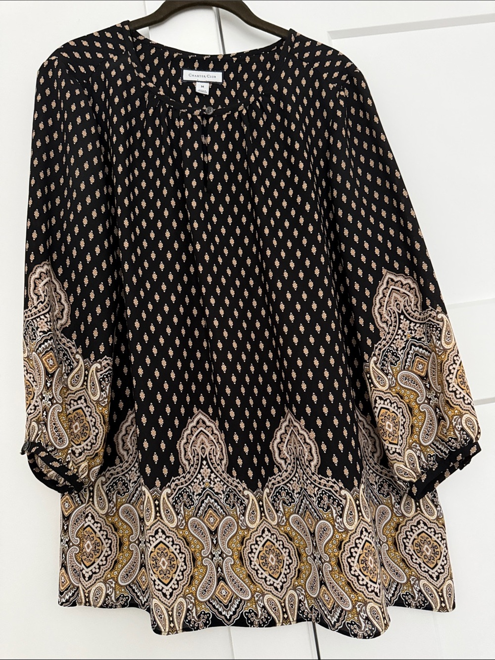 Charter Club Black Paisley Border-Print Long Sleeve Dress Blouse. M. ptp 22”l28”